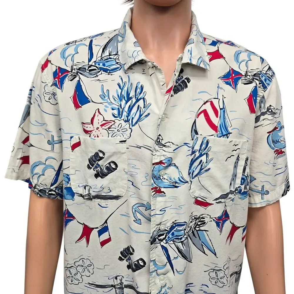 J. Crew camp-collar shirt Men XL Sailboat Nautical Print Short sleeve BH604